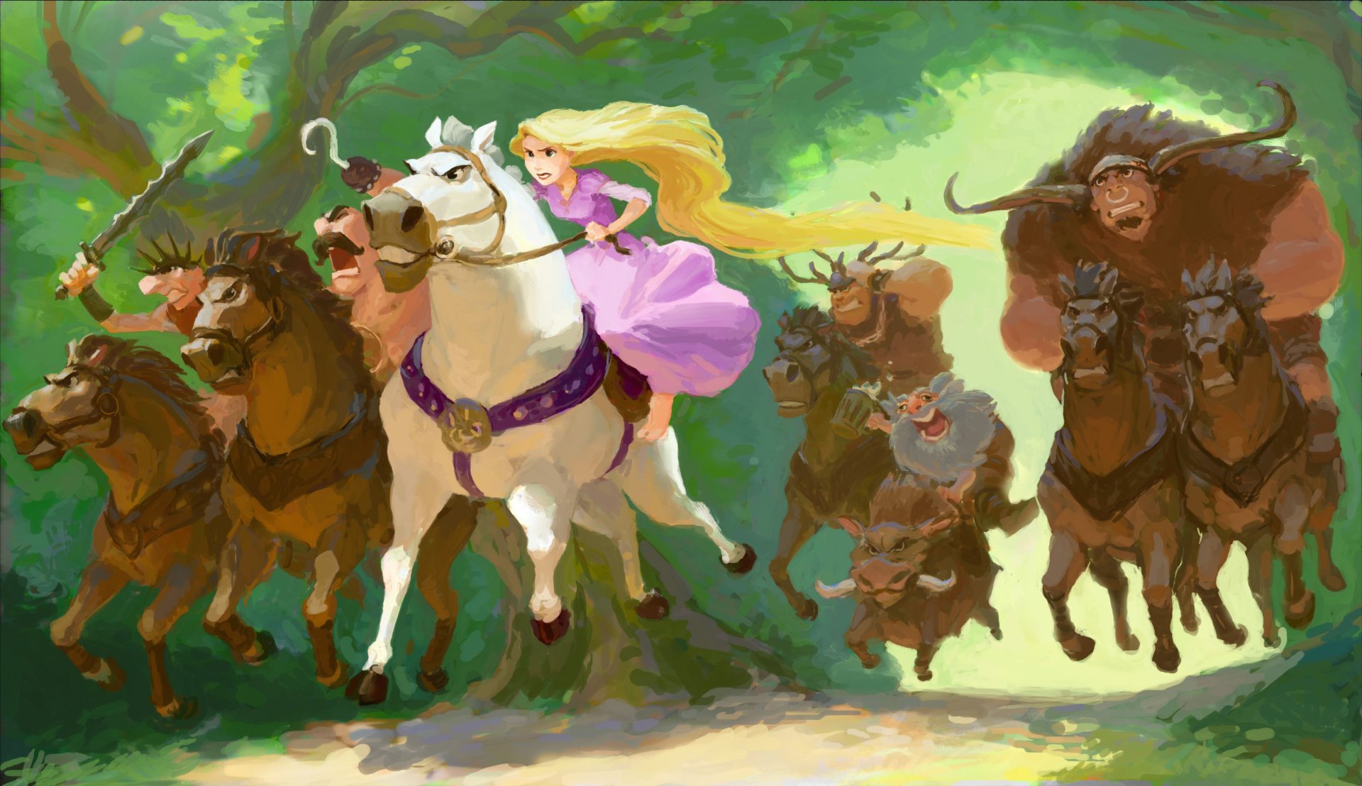 Vibrant Tangled movie scene: Rapunzel in a purple dress rides a white horse through a sunlit forest while rugged horsemen give chase — 2K Quad HD PC desktop wallpaper/background.