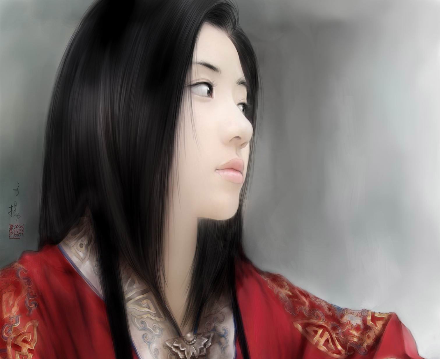 HD fantasy PC desktop wallpaper featuring a close-up profile of a serene woman with long dark hair and traditional attire against a soft, misty background.