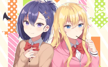 HD anime desktop wallpaper featuring Tsukinose April and Gabriel Tenma White from Gabriel DropOut, set against a colorful, patterned background.