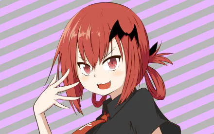 HD PC desktop wallpaper of Satanichia Kurumizawa McDowell from the anime Gabriel DropOut, featuring her playful expression and red hair against a purple striped background.