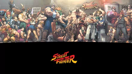 Vibrant HD wallpaper featuring iconic characters from the video game Street Fighter, showcasing a dynamic lineup of fighters set against a colorful background.