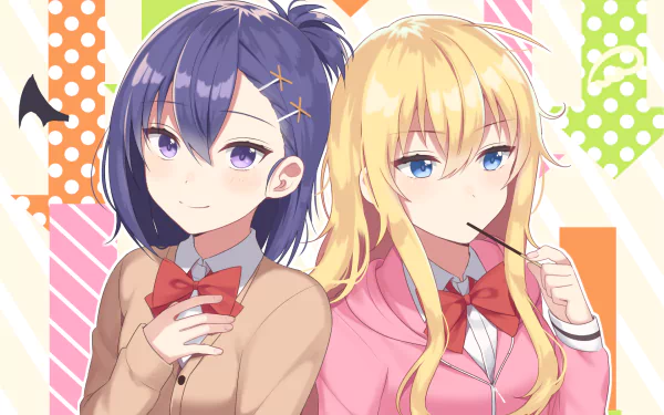 HD anime desktop wallpaper featuring Tsukinose April and Gabriel Tenma White from Gabriel DropOut, set against a colorful, patterned background.