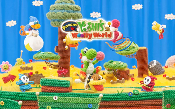 HD desktop wallpaper featuring Yoshi and characters from Poochy & Yoshi's Woolly World in a colorful, yarn-crafted landscape.