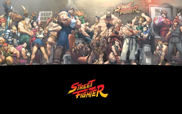 Vibrant HD wallpaper featuring iconic characters from the video game Street Fighter, showcasing a dynamic lineup of fighters set against a colorful background.