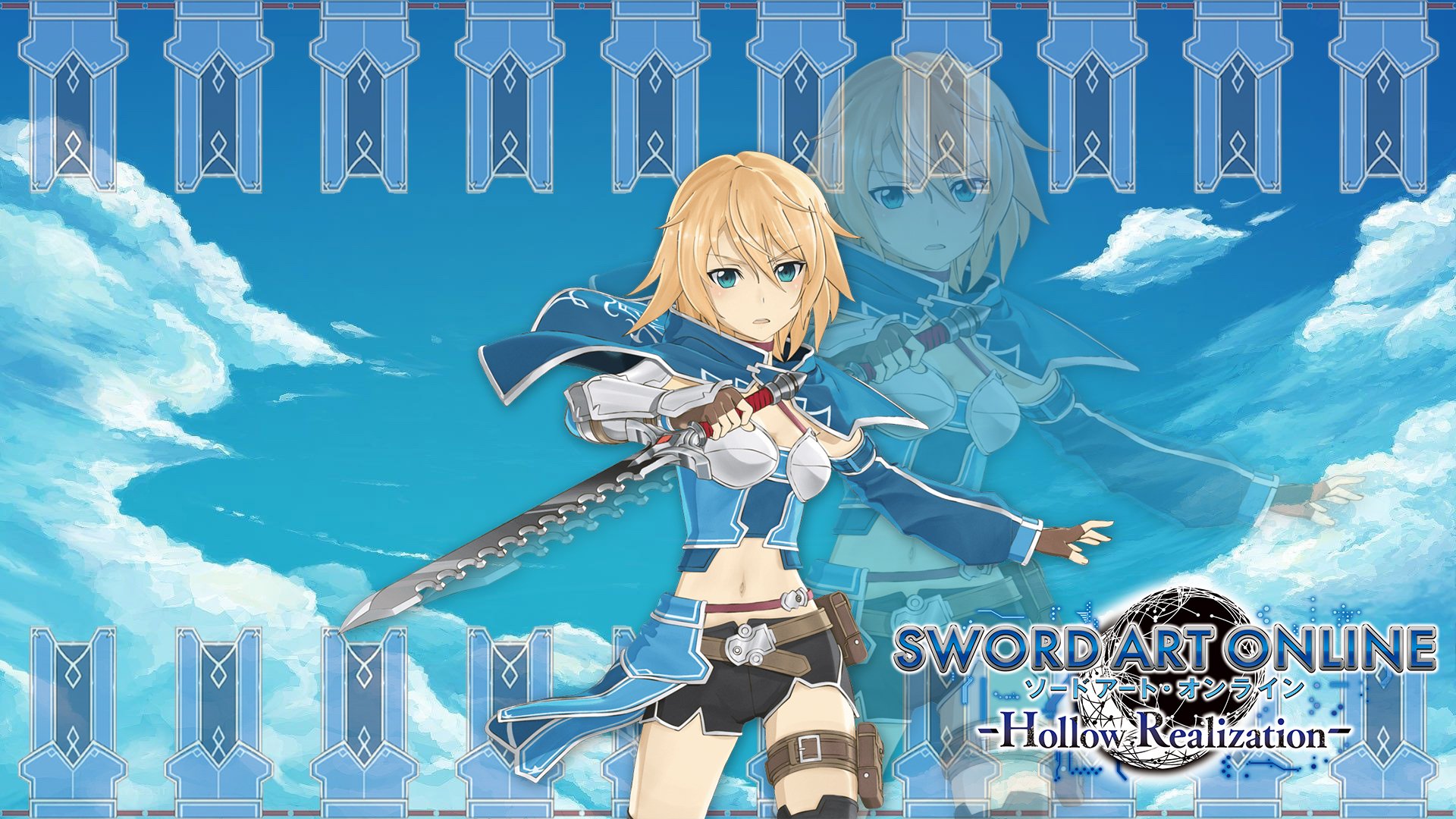 HD PC desktop wallpaper featuring an anime character from Sword Art Online: Hollow Realization, set against a bright blue sky with decorative patterns above.