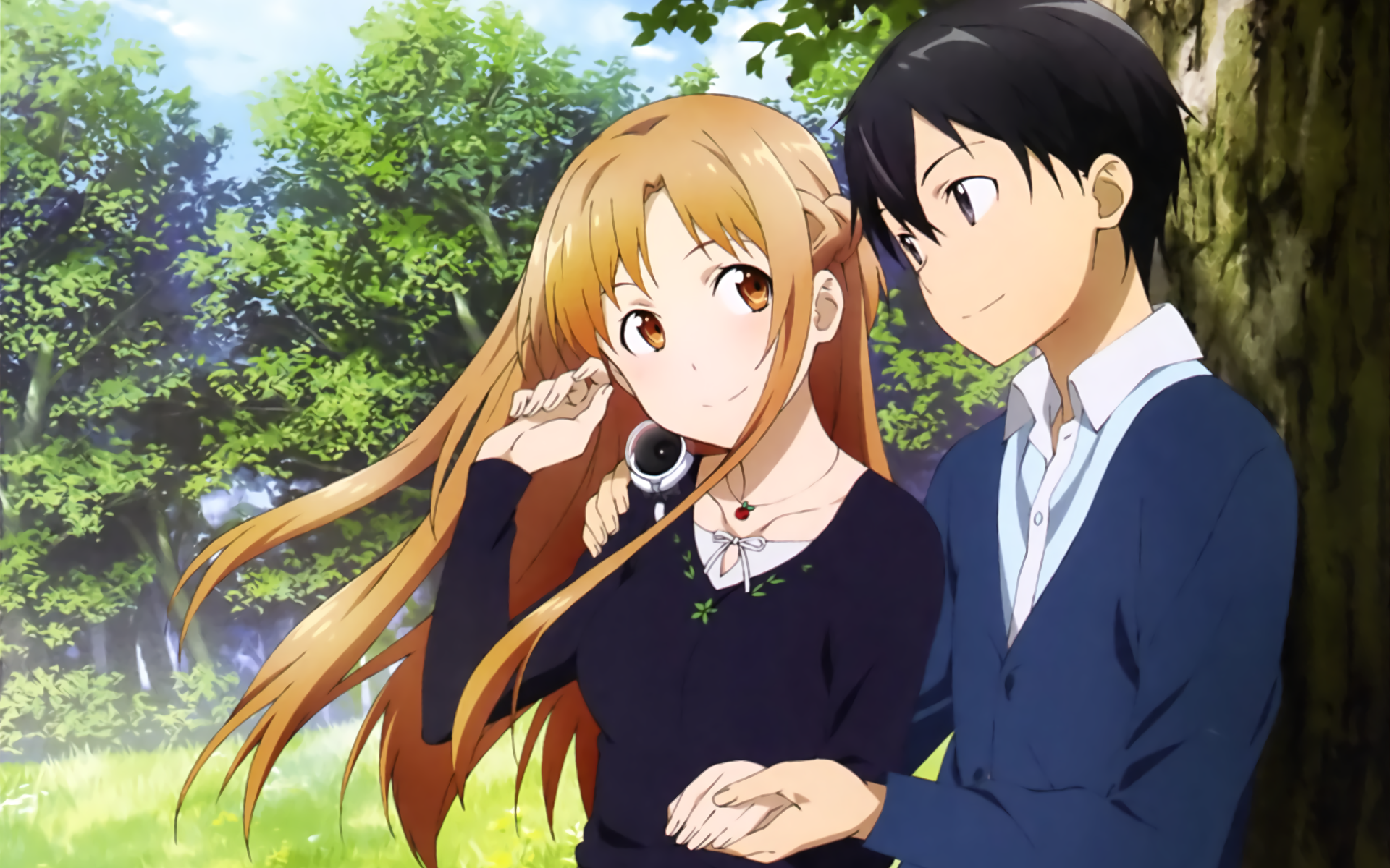 Asuna Yuuki and Kirito from Sword Art Online enjoy a peaceful moment under a tree. The HD anime wallpaper highlights their close bond in a lush, green setting.