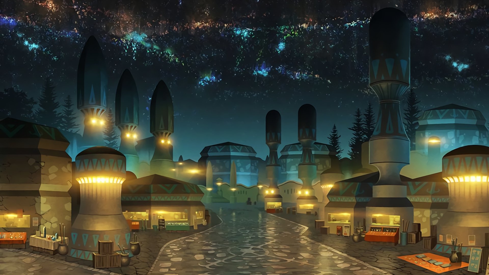 HD PC desktop wallpaper featuring a nighttime cityscape from the anime Sword Art Online, with glowing towers and a starry sky illuminating the scene.
