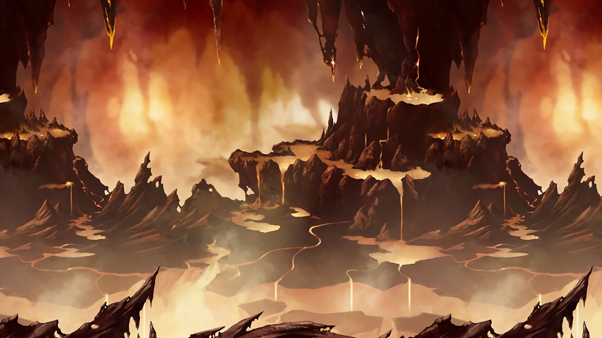 Anime Sword Art Online HD PC desktop wallpaper: vast fiery cavern with jagged floating rock platforms, molten rivers and glowing pillars, dramatic orange-red lighting and smoky atmosphere.