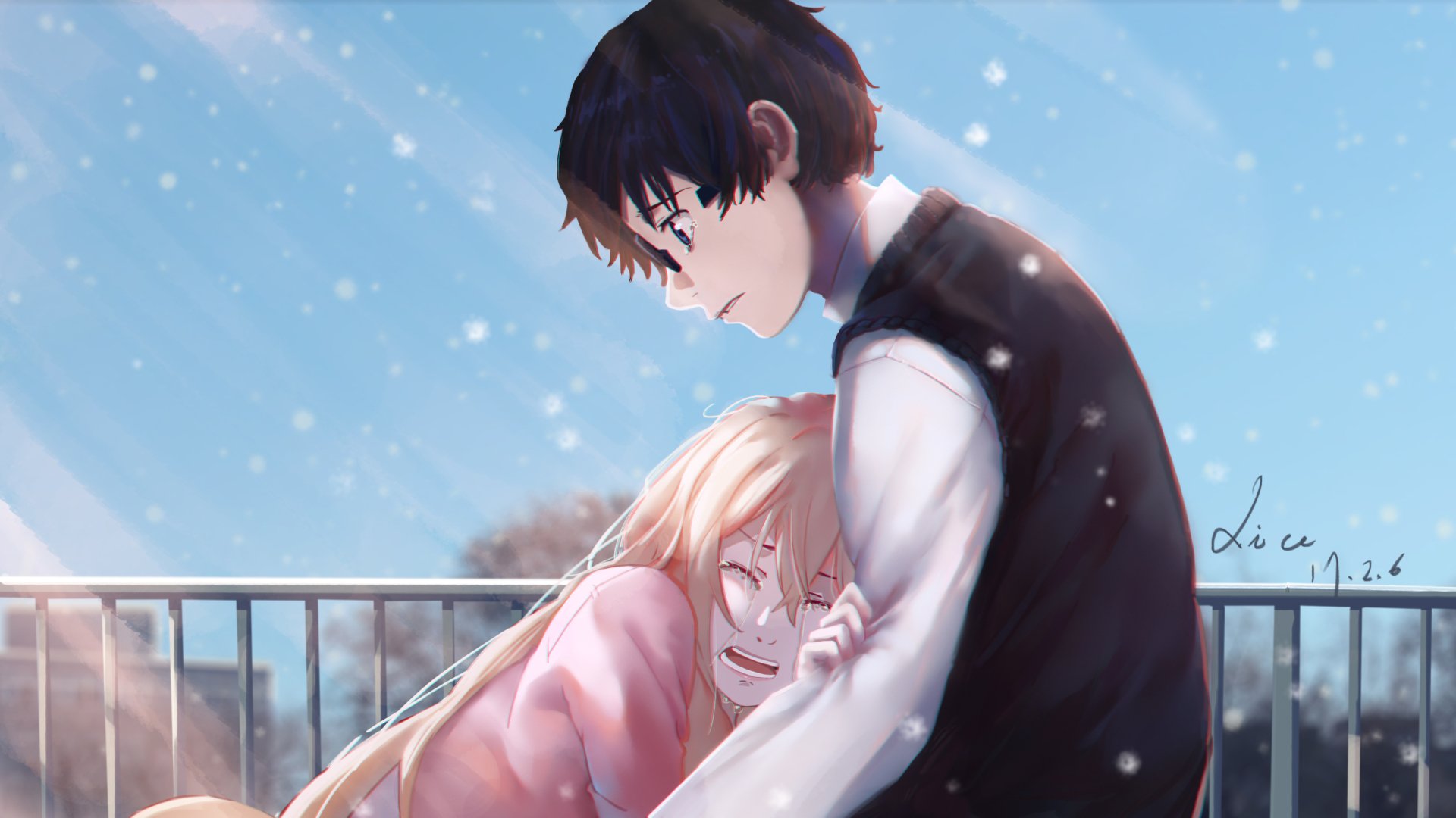 HD wallpaper featuring Kousei Arima and Kaori Miyazono from the anime Your Lie in April. Kousei comforts a crying Kaori, set against a snowy backdrop, capturing an emotional moment between the characters.