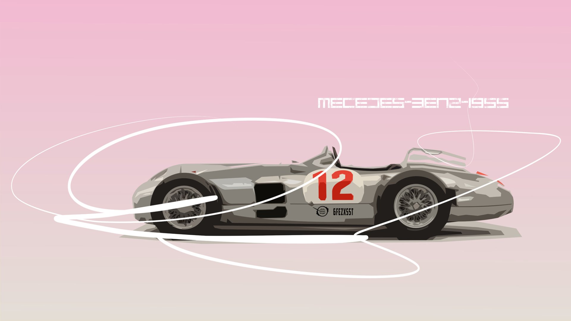 HD desktop wallpaper featuring a vintage retro Mercedes race car with the number 12 against a pink background, highlighted by artistic swirls.
