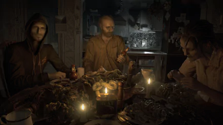 4K Ultra HD PC desktop wallpaper from Resident Evil 7: Biohazard featuring three characters seated around a dimly lit table with eerie, unsettling atmosphere.