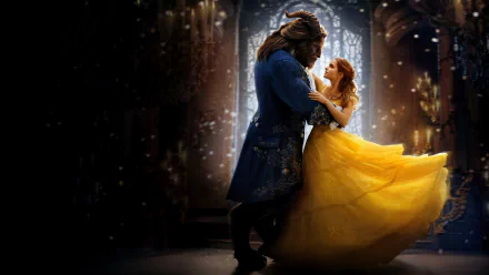 Emma Watson and Dan Stevens in a scene from the 2017 movie Beauty and the Beast. The beautifully lit ballroom setting serves as a stunning HD desktop wallpaper and background.
