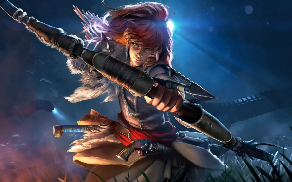 HD desktop wallpaper of Horizon Zero Dawn, featuring the protagonist aiming her bow, set against a vibrant and intense background.