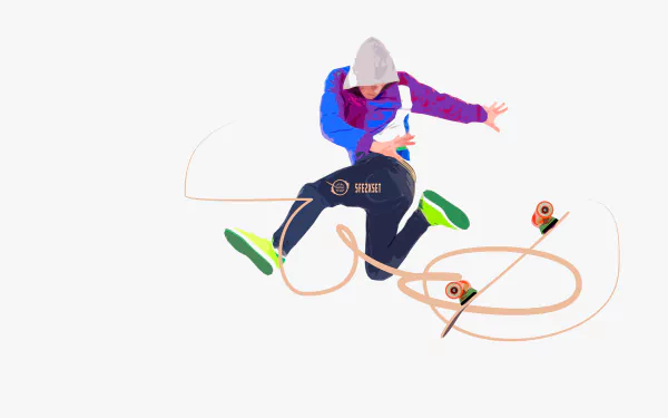 An HD wallpaper featuring a skateboarder in mid-jump, set against a clean white background. The dynamic design highlights the thrill of skateboarding.