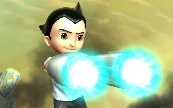 HD desktop wallpaper and background featuring Astro Boy from the movie Project Atom, showcasing him in action with glowing energy from his hands.