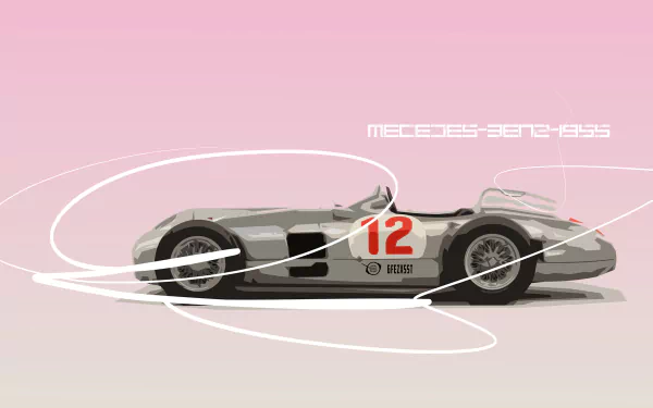 HD desktop wallpaper featuring a vintage retro Mercedes race car with the number 12 against a pink background, highlighted by artistic swirls.