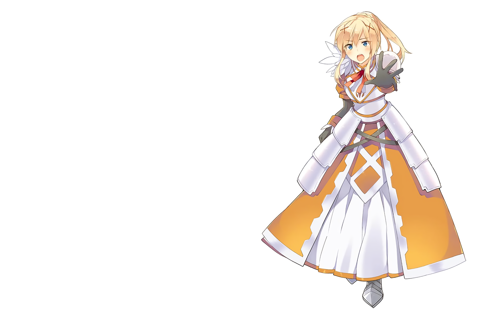 HD anime desktop wallpaper featuring Darkness from KonoSuba - God’s blessing on this wonderful world!! in her iconic armor and orange-white outfit.