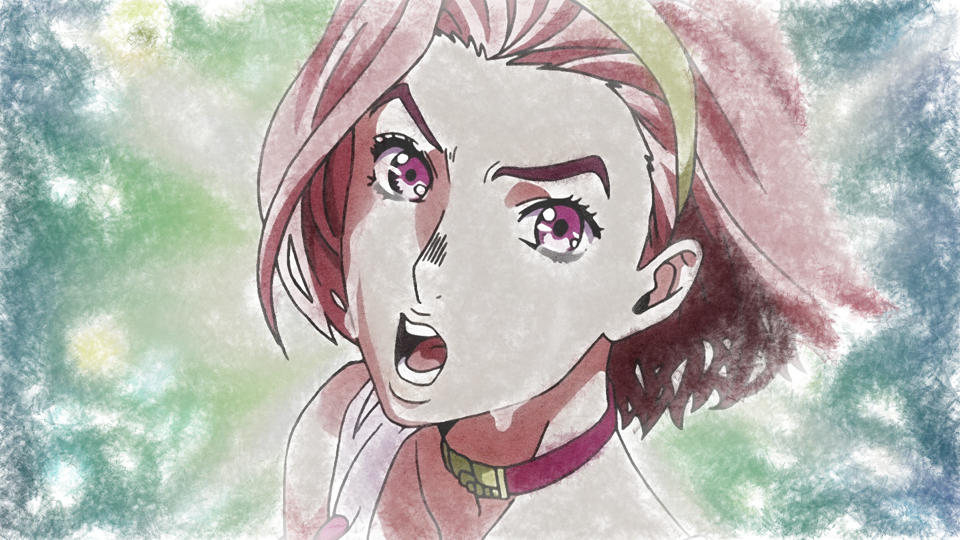 HD desktop wallpaper featuring Reimi Sugimoto from the anime Jojo's Bizarre Adventure. The character is depicted with expressive pink eyes and a shocked expression, set against a soft, pastel-colored background.