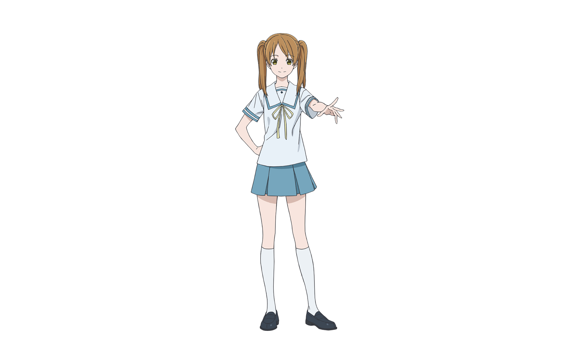 Mirai Minami from Sakurada Reset, anime girl in school uniform with an outstretched hand, centered on a clean HD PC desktop wallpaper background.