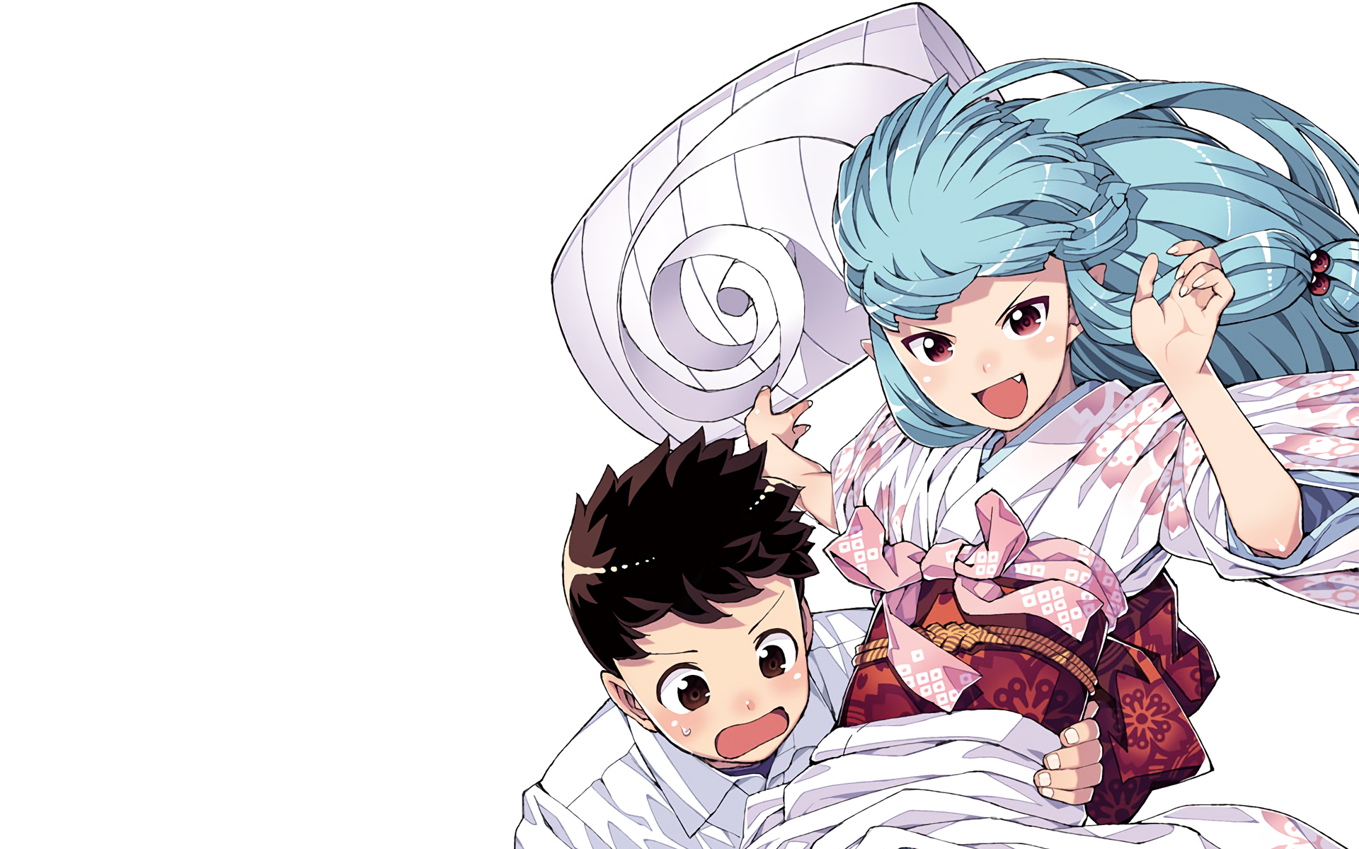 Anime HD desktop wallpaper featuring characters from Tsugumomo. A young boy and a girl with blue hair are shown with vibrant expressions against a white background.