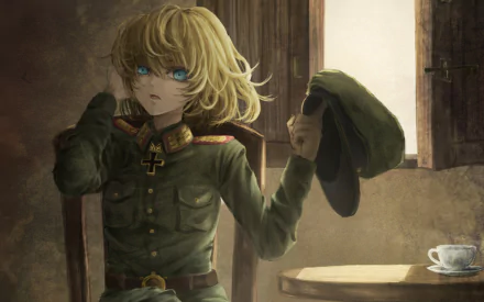 HD wallpaper featuring Tanya Degurechaff from the anime Youjo Senki, seated by a window in military attire, holding a cap, with a cup on a nearby table.