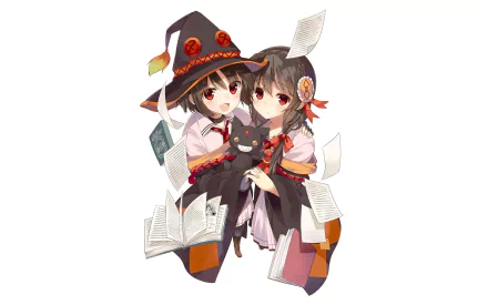 HD desktop wallpaper featuring Yunyun and Megumin from KonoSuba - God's Blessing on This Wonderful World!!, surrounded by flying books, sharing an intimate moment with a black cat.