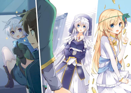 A vibrant HD desktop wallpaper featuring characters from the anime KonoSuba - God's Blessing on This Wonderful World!! including Eris, Iris, and Kazuma Satou in a colorful and dynamic composition.