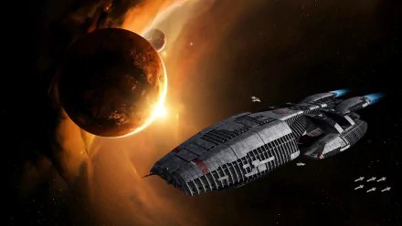 HD PC desktop wallpaper from the TV show Battlestar Galactica: Blood & Chrome — warship flies by a fiery planet with escort fighters against a starfield.