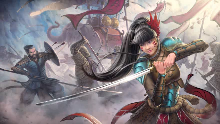 A fantasy HD desktop wallpaper featuring an armored woman warrior with a sword, an oriental samurai, and an elephant in the background, all set in an intense battle scene.