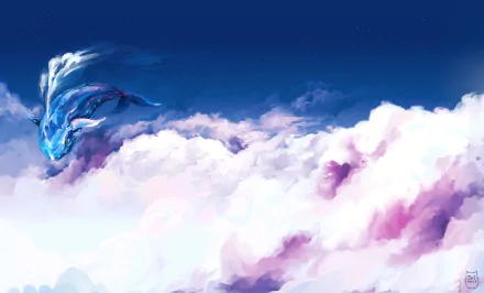 An anime-style HD wallpaper featuring a majestic whale swimming through clouds set against a deep blue sky.
