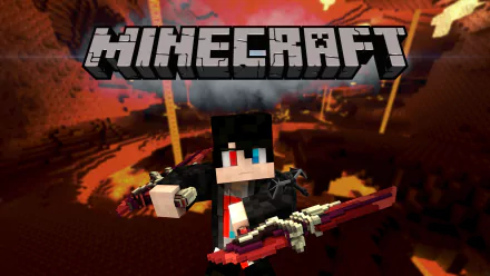 HD desktop wallpaper of Minecraft featuring a character holding dual crossbows set in the fiery Nether dimension, with the Minecraft logo prominently displayed at the top.