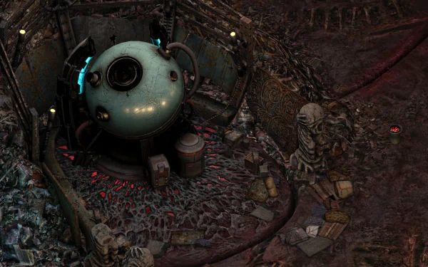 A HD desktop wallpaper featuring 'Torment: Tides of Numenera' with a skeletal figure and futuristic orb in a dark, dystopian setting.