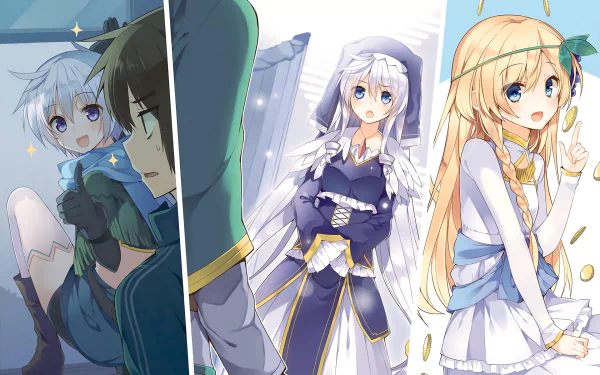 A vibrant HD desktop wallpaper featuring characters from the anime KonoSuba - God's Blessing on This Wonderful World!! including Eris, Iris, and Kazuma Satou in a colorful and dynamic composition.