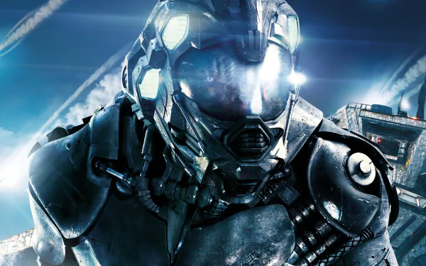 HD wallpaper featuring a futuristic armored character from the movie Battleship, set against a dramatic background with streaking lights.