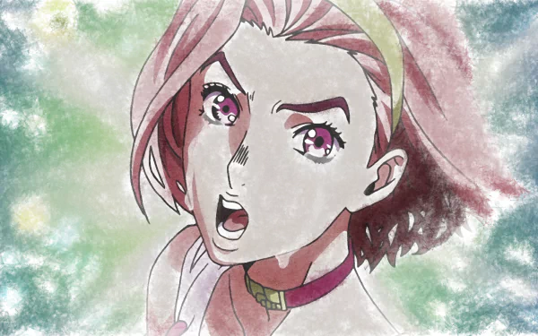 HD desktop wallpaper featuring Reimi Sugimoto from the anime Jojo's Bizarre Adventure. The character is depicted with expressive pink eyes and a shocked expression, set against a soft, pastel-colored background.