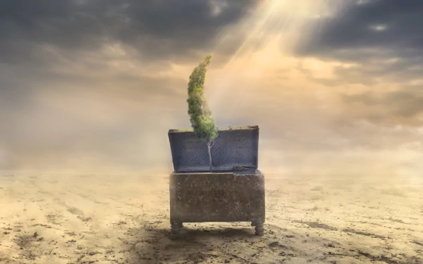 sand horizon sunbeam desert treasure chest artistic tree HD Desktop Wallpaper | Background Image