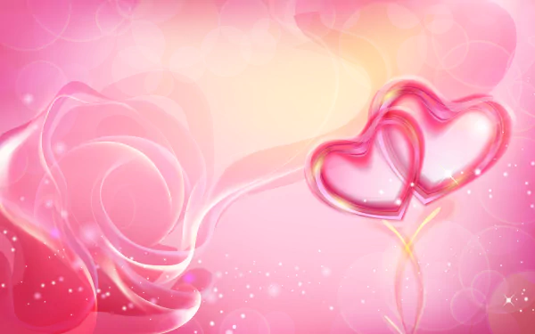 A pink rose with sparkling effects and intertwined hearts set against a soft, artistic pink background in 4K Ultra HD resolution.