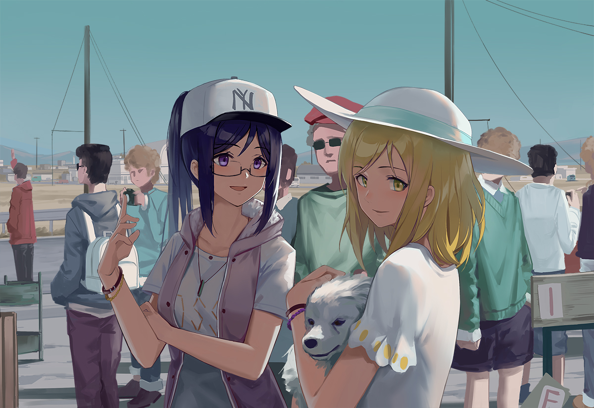 HD PC desktop wallpaper featuring Mari Ohara and Kanan Matsuura from the anime Love Live! Sunshine!!, set in a lively harbor scene with detailed background characters.
