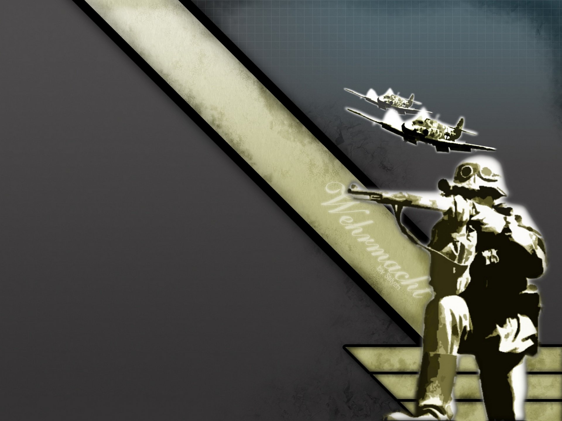 Artistic HD military-themed PC desktop wallpaper depicting a soldier aiming a rifle with vintage aircraft flying overhead against a stylized dark background.