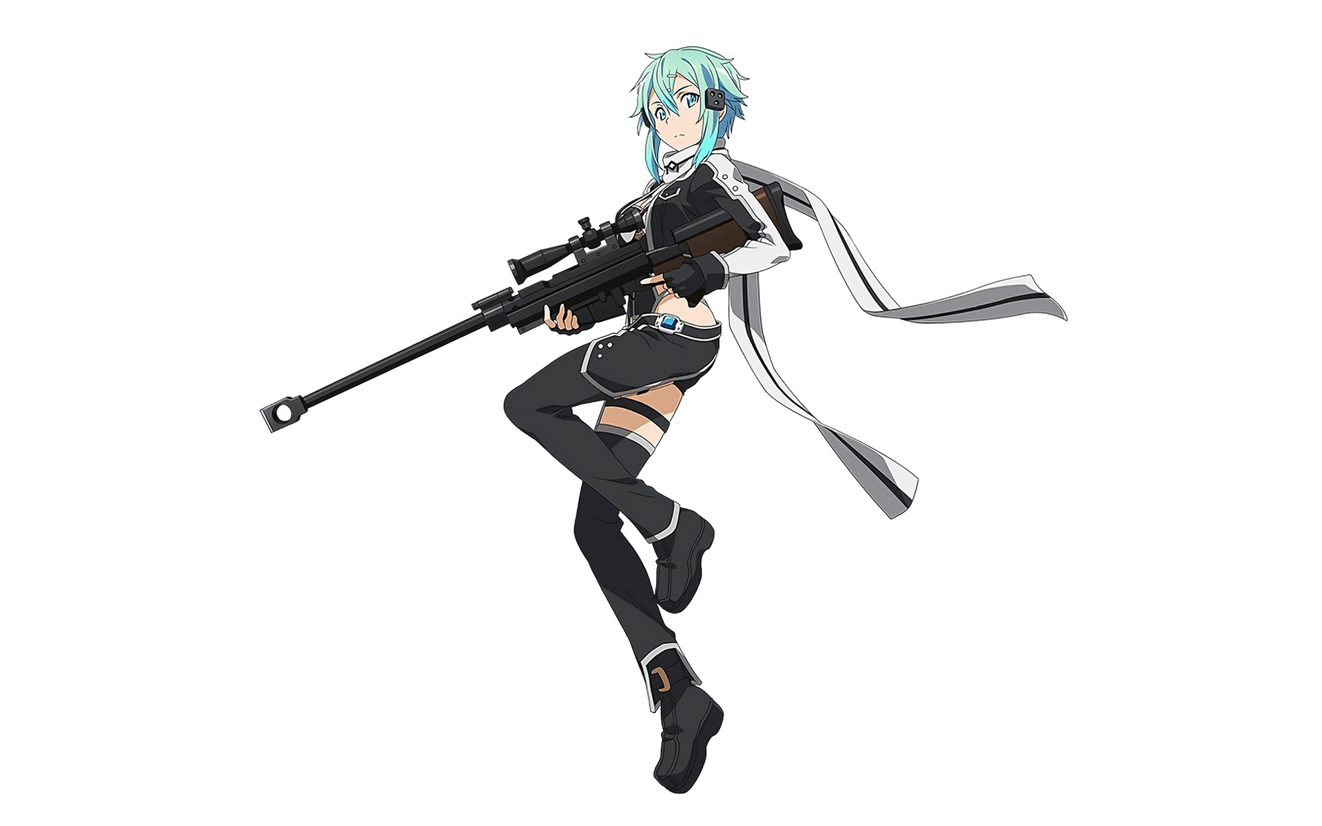Anime HD PC desktop wallpaper featuring Sinon from Sword Art Online II holding a sniper rifle on a white background.