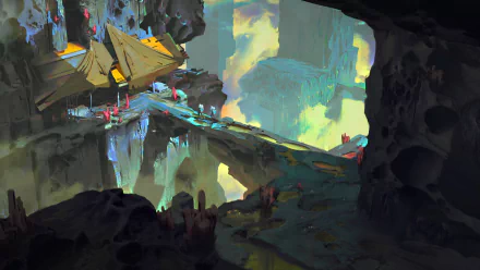 HD wallpaper depicting an astronaut exploring an otherworldly cavern with a surreal and colorful landscape.