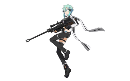 Anime HD PC desktop wallpaper featuring Sinon from Sword Art Online II holding a sniper rifle on a white background.