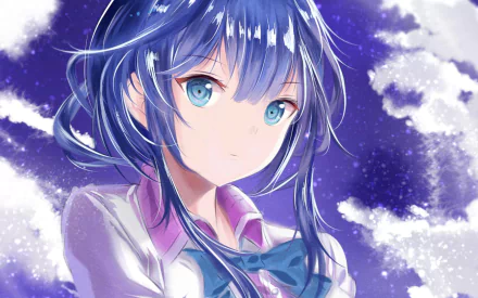A steely yet beautiful Aki Adagaki from Masamune-kun's Revenge anime, against a vibrant purple and cloud-filled sky, features in this HD desktop wallpaper and background.