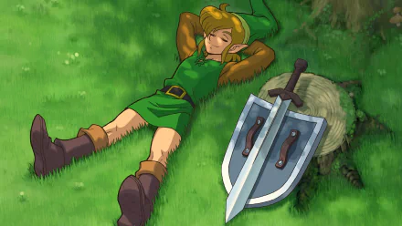 Video game HD PC desktop wallpaper of Link from The Legend of Zelda: A Link to the Past reclining on grass with his sword and shield beside him.