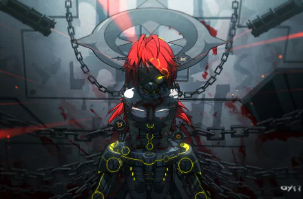 Anime-style character with red hair, futuristic armor, and glowing yellow accents, set in a dark industrial environment; Pixiv Fantasia T themed HD PC desktop wallpaper.