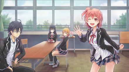 HD desktop wallpaper from My Teen Romantic Comedy SNAFU featuring Iroha Isshiki, Hachiman Hikigaya, Yukino Yukinoshita, and Yui Yuigahama in a classroom setting.