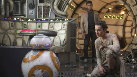 HD wallpaper featuring BB-8, John Boyega as Finn, and Daisy Ridley as Rey from Star Wars Episode VII: The Force Awakens, set inside the Millennium Falcon.