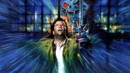 HD PC desktop wallpaper featuring a dramatic scene from the movie Highlander, showcasing a man holding a sword with a glowing skull in the background.