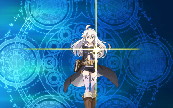 HD desktop wallpaper of an anime character from Grimoire of Zero, featuring intricate magic circles and runes in the background, with the character standing at the center.