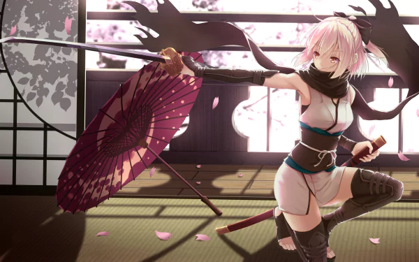 HD desktop wallpaper of Sakura Saber (Okita Souji) from Fate/KOHA-ACE, showcasing an anime-styled character in a dynamic pose with a traditional Japanese umbrella, set against a backdrop of falling cherry blossoms.